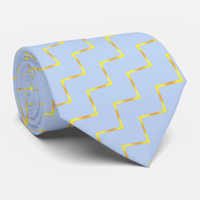 Modern Elegant Gold Chevron Pattern on Light Blue Neck Tie (Rolled)