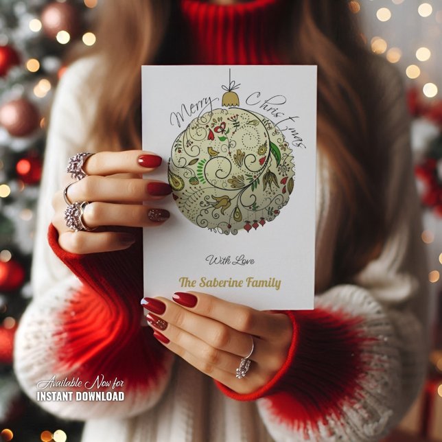 Modern Elegant Gold Christmas Doodle Ornament  Holiday Card (Creator Uploaded)