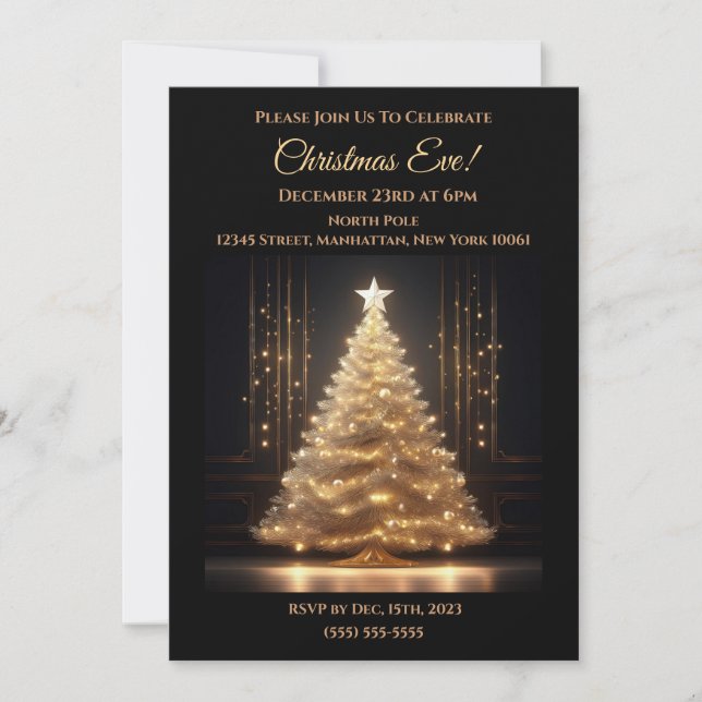 Modern Elegant Gold Christmas Tree Invitation (Front)