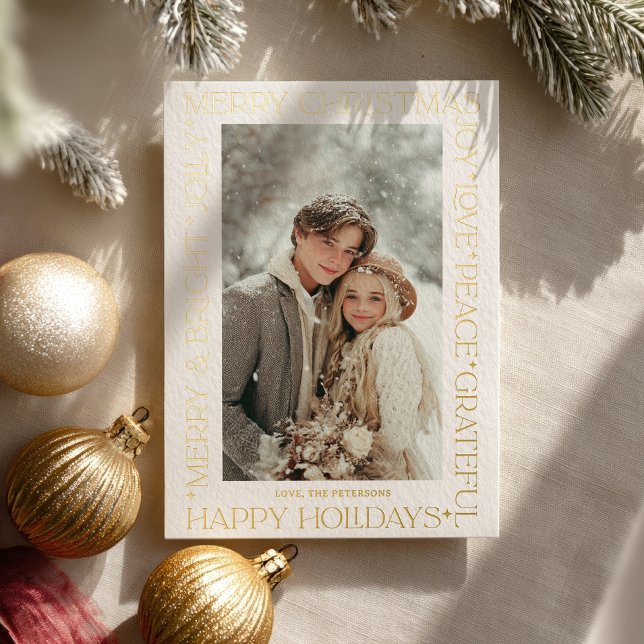 Modern Elegant Gold Christmas Words Photo Foil Holiday Card (Modern Elegant Gold Christmas Words Photo Foil Holiday Card)