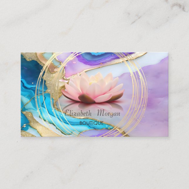 Modern Elegant Gold Circles Lotus Marble Business Card (Front)