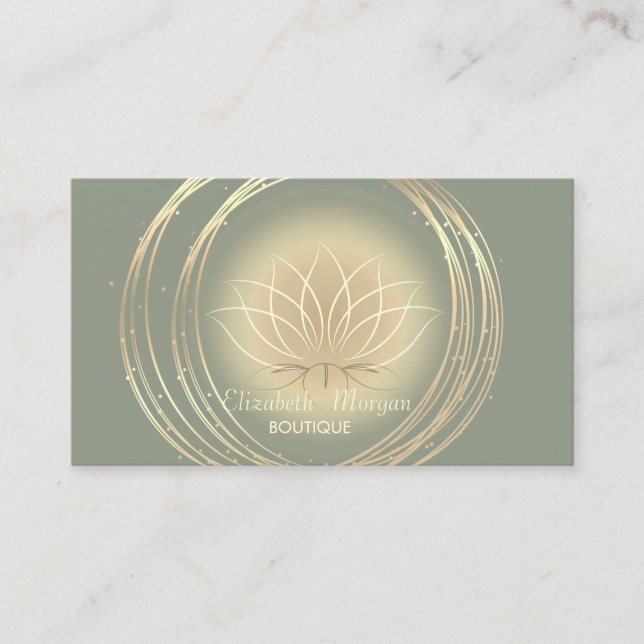 Modern Elegant Gold Circles Lotus Sage Green  Business Card (Front)
