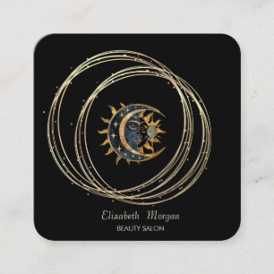 Modern Elegant Gold Circles Sun Moon Black Square Business Card