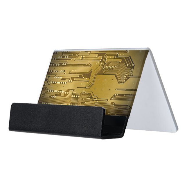 Modern Elegant Gold Circuit Board Photo Desk Business Card Holder (Angled Front)
