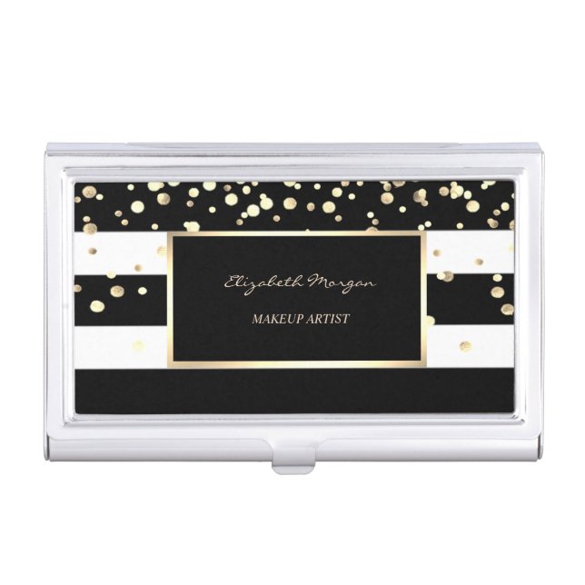 Modern Elegant Gold Confetti, Frame, Stripes Business Card Case (Front)