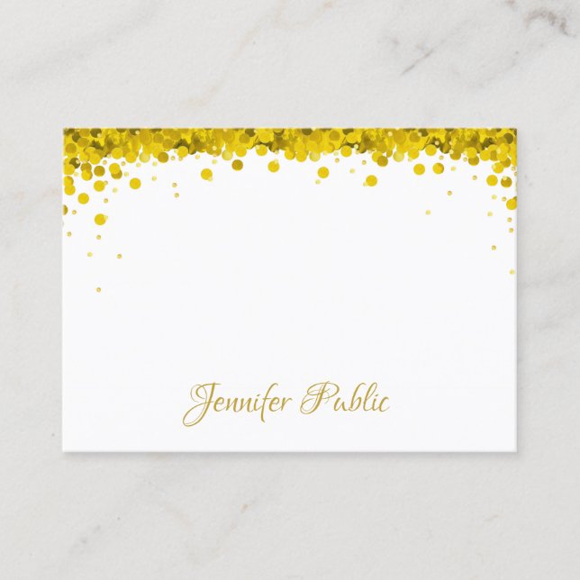 Modern Elegant Gold Confetti Hand Script Text Business Card (Front)