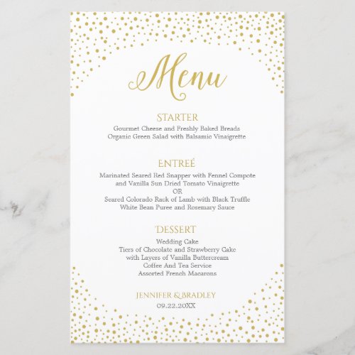 Modern Elegant Gold Confetti Wedding Dinner Menu