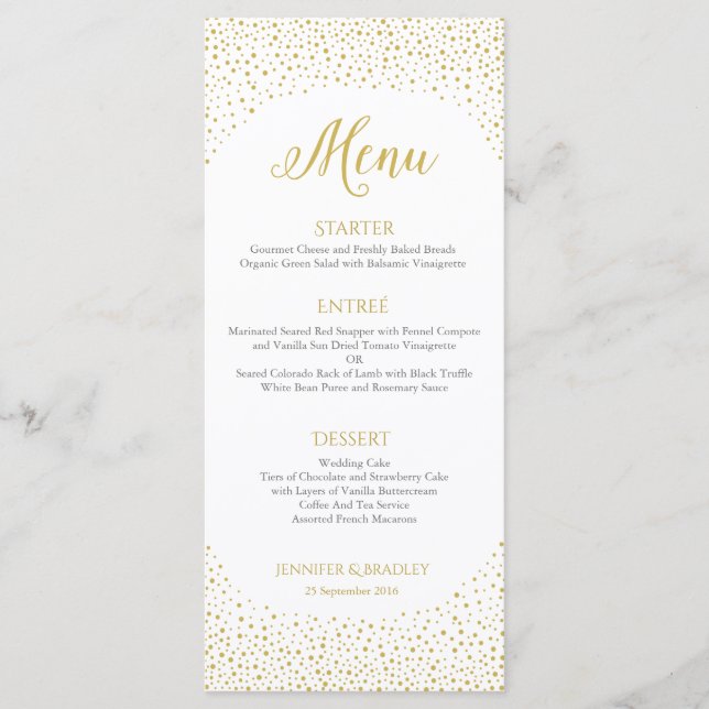 Modern Elegant Gold Confetti Wedding  Menu (Front)