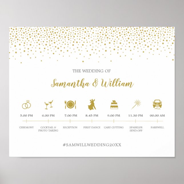 Modern Elegant Gold Confetti Wedding Timeline Sign (Front)