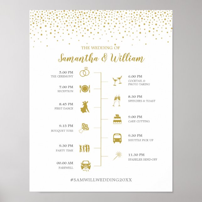 Modern Elegant Gold Confetti Wedding Timeline Sign (Front)