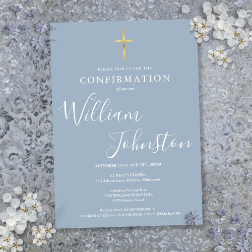 Modern Elegant Gold Cross Dusty Blue Confirmation
