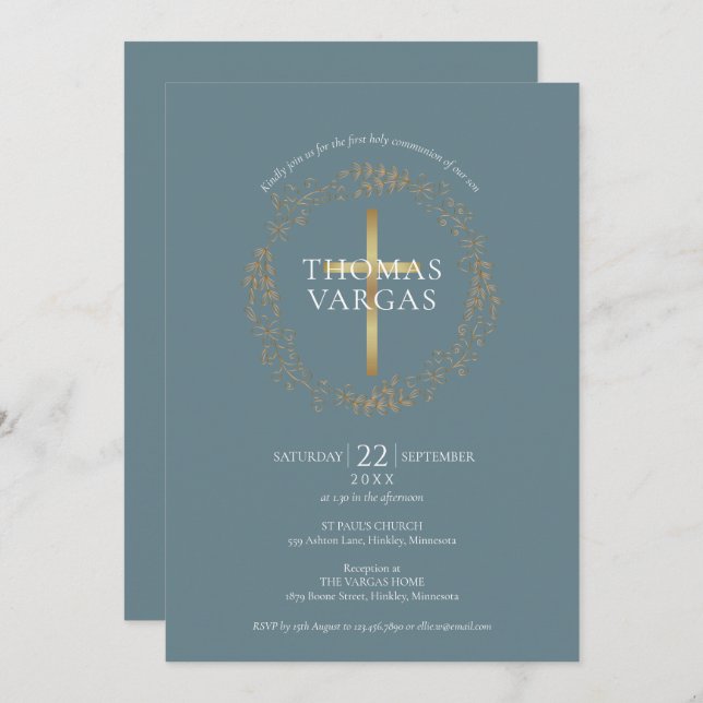 Modern Elegant Gold Cross First Holy Communion Invitation (Front/Back)