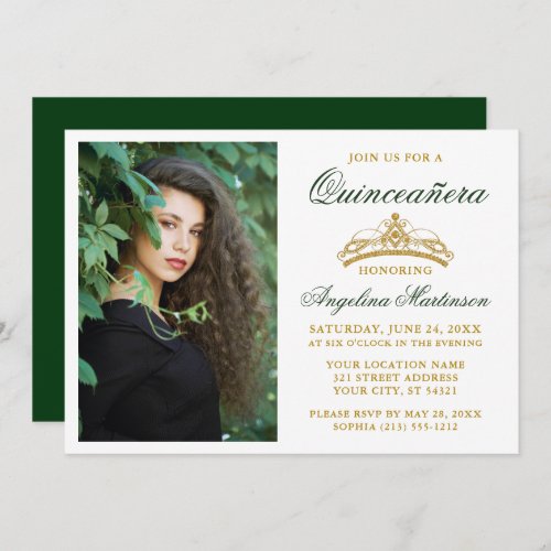 Modern Elegant Gold Crown Photo Green Quinceanera Invitation