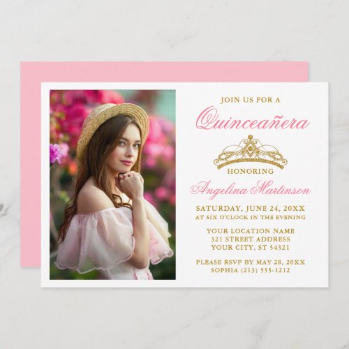 Modern Elegant Gold Crown Photo Pink Quinceanera Invitation