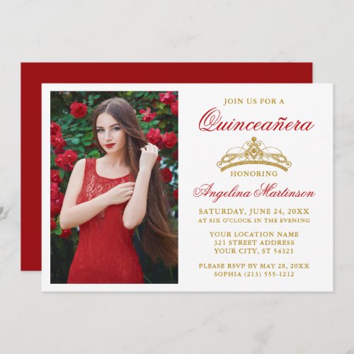 Modern Elegant Gold Crown Photo Red Quinceanera Invitation