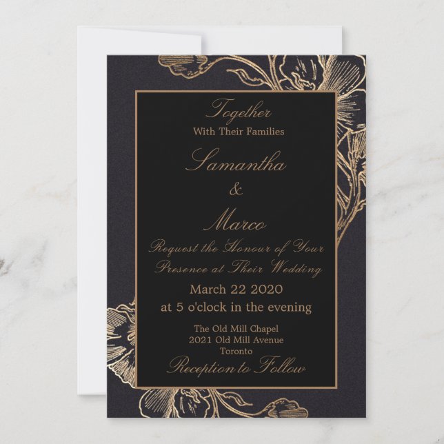 Modern Elegant Gold Faux Metal Floral Wedding Invitation (Front)
