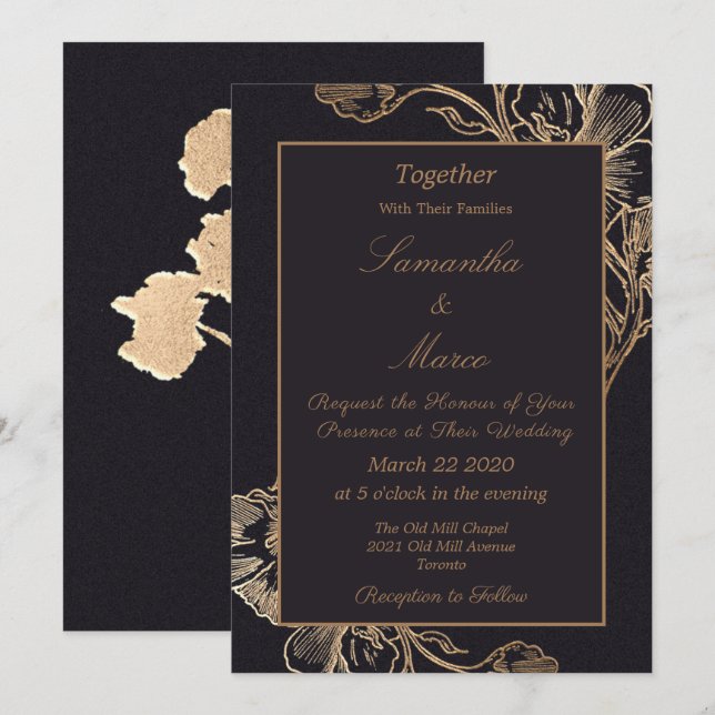 Modern Elegant Gold Faux Metal Floral Wedding Invitation (Front/Back)