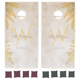 Modern Elegant Gold Fern leaf Monogram Wedding Cornhole Set