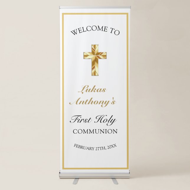 Modern Elegant Gold First Holy Communion Welcome  Retractable Banner (Front)