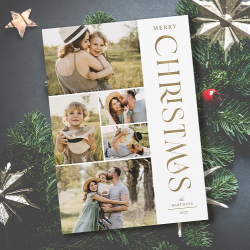 Modern Elegant Gold Five Photo Collage Christmas  Holiday Card