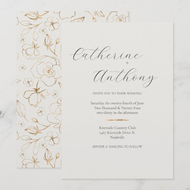 Modern Elegant Gold Floral Minimalist Wedding  Invitation (Front/Back)