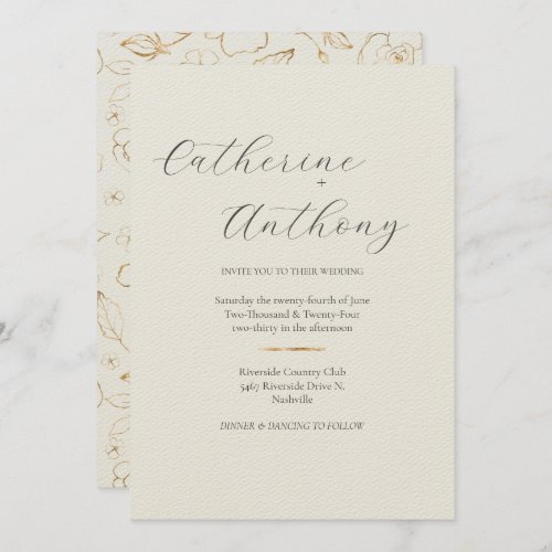 Modern Elegant Gold Floral Minimalist Wedding  Invitation