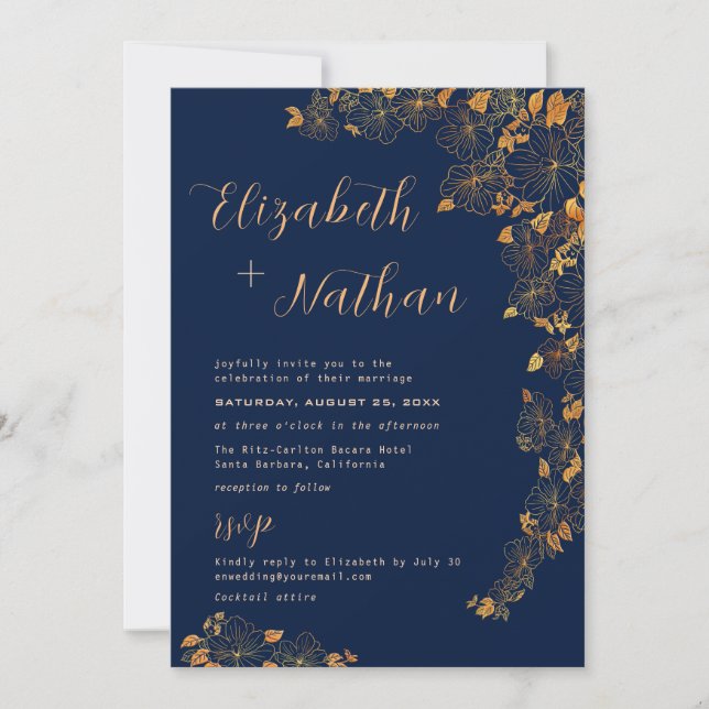 Modern Elegant Gold Floral Navy Blue Quote  Invitation (Front)
