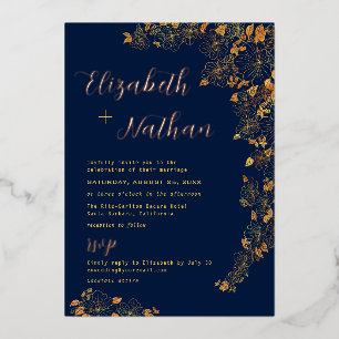 Modern Elegant Gold Floral Navy Blue Wedding Foil Invitation