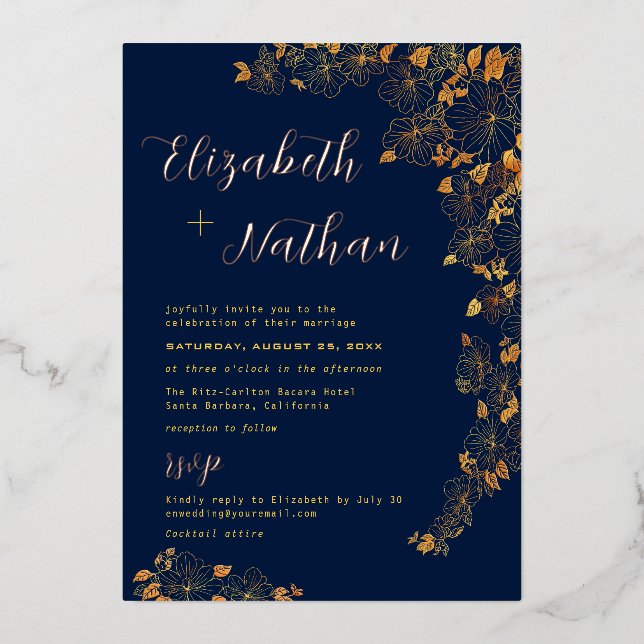 Modern Elegant Gold Floral Navy Blue Wedding  Foil Invitation (Front)