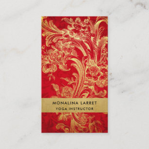Modern Elegant Gold Flourish Red Damask Pattern Business Card