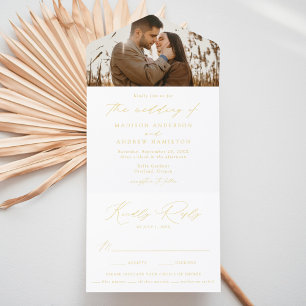 Modern Elegant Gold Foil Script Photo Wedding All In One Invitation