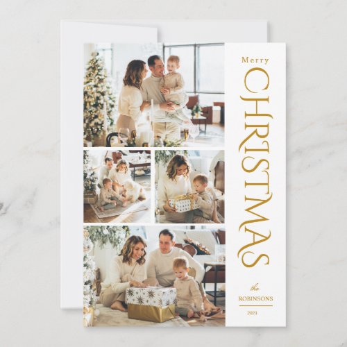 Modern Elegant Gold Four Photo Collage Christmas  Holiday Card