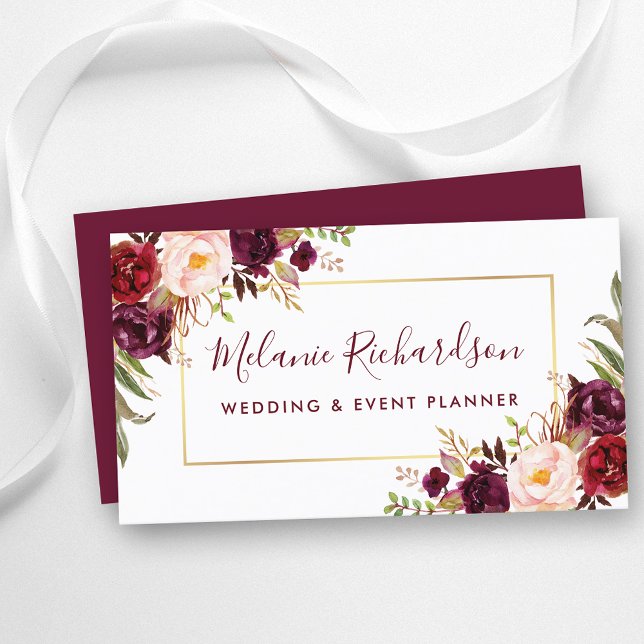 Modern Elegant Gold Frame Burgundy Floral Business Card (Customize to change text size, color or text style.)