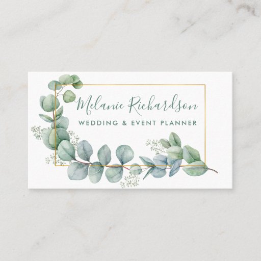Customizable Modern Elegant Gold Frame Eucalyptus Leaves Business Card
