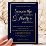 Modern elegant gold frame navy blue script wedding foil invitation