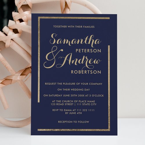Modern elegant gold frame navy blue script wedding invitation