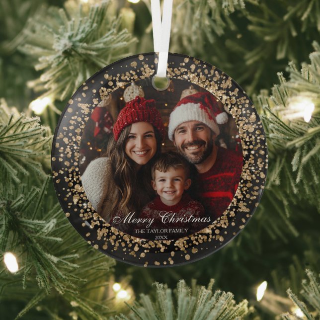 Modern Elegant Gold Glitter Christmas Family Photo Glass Ornament (Insitu)