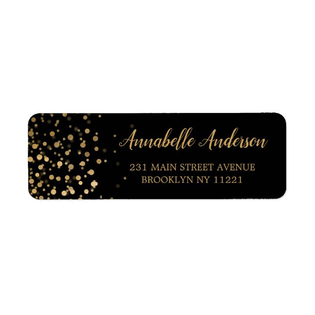 Modern Elegant Gold Glitter Confetti Script Black Label (Front)