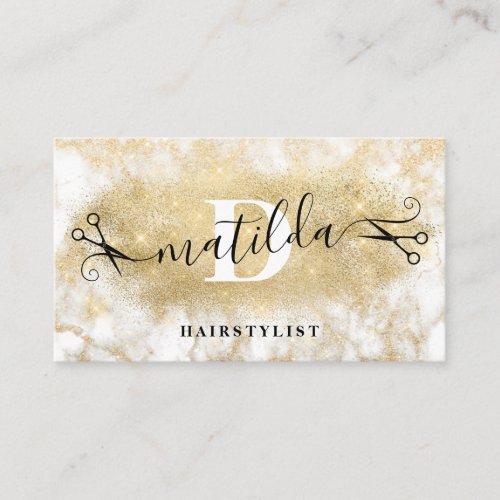 Modern elegant gold glitter marble hairstylist business card
