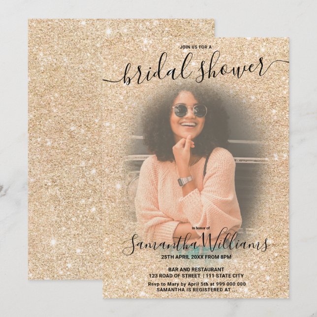 Modern elegant gold glitter photo bridal shower invitation (Front/Back)