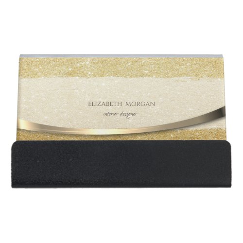 Modern Elegant Gold Glitter Stripe Desk Business Card Holder