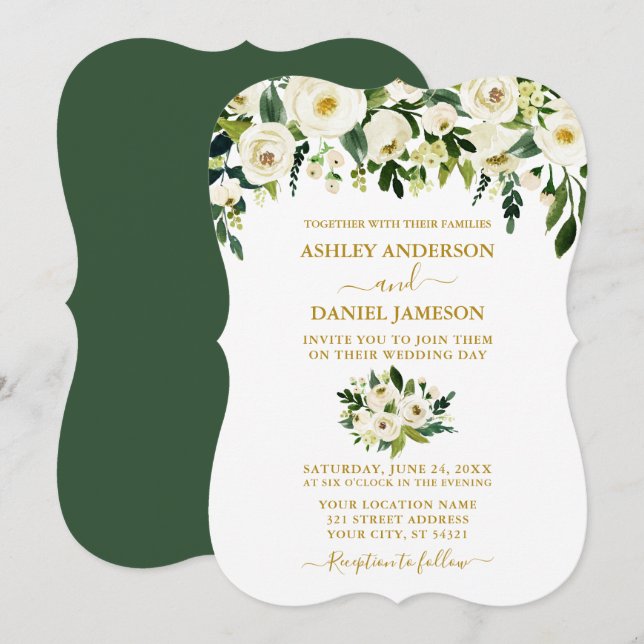 Modern Elegant Gold Green White Floral Wedding Invitation (Front/Back)