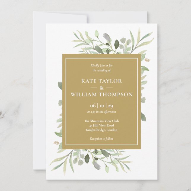Modern Elegant Gold Greenery Foliage Wedding Invitation (Front)