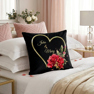 Modern Elegant Gold Heart And Roses Black Throw Pillow