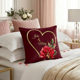 Modern Elegant Gold Heart And Roses Red Throw Pillow
