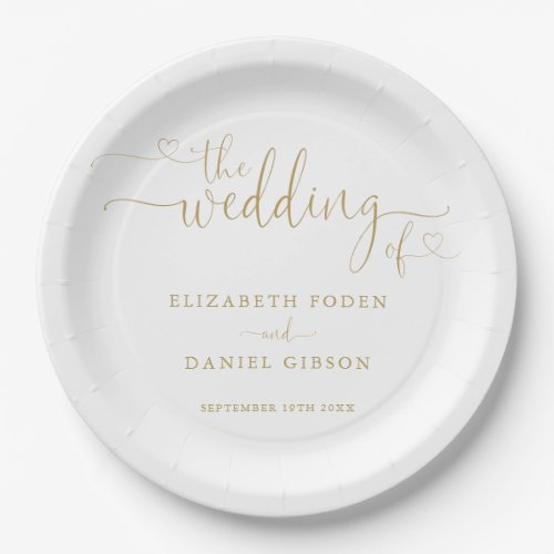 Modern Elegant Gold Heart Script Wedding Paper Plates