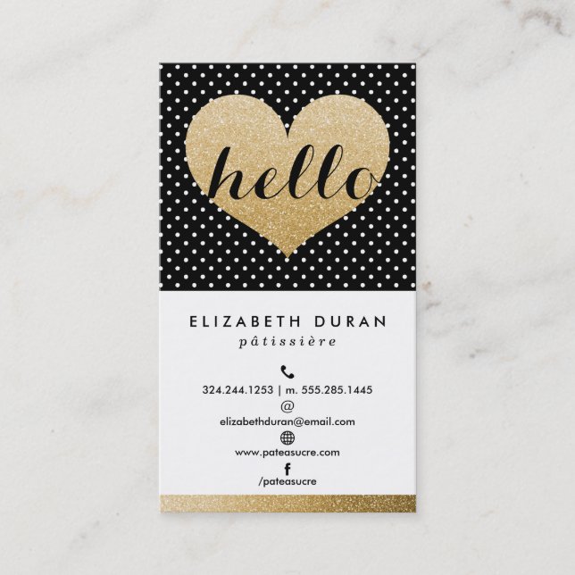 Modern Elegant Gold Hello Heart Black Dots Custom Business Card (Front)