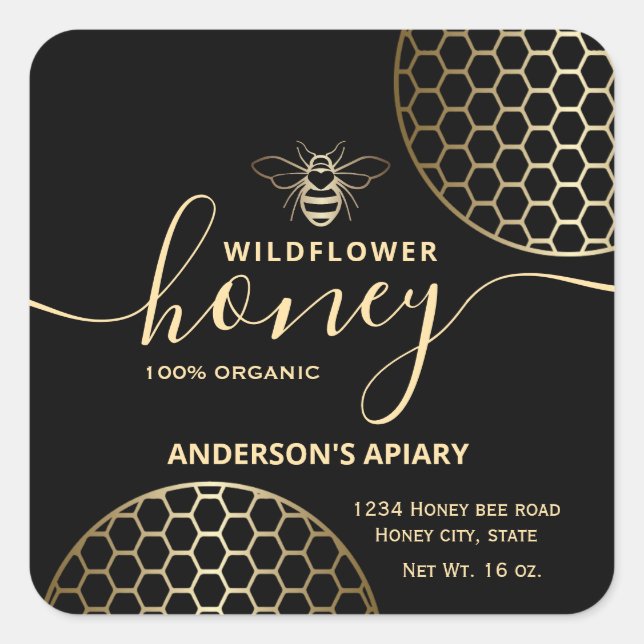 Modern elegant  gold honey bee honey comb  square sticker (Front)