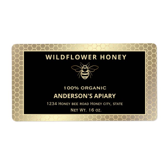 Modern elegant gold honey bee honey jar label (Front)
