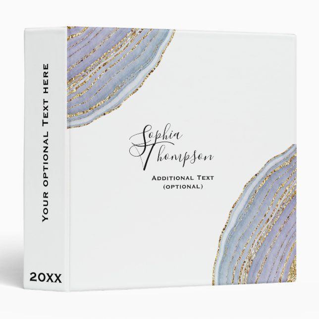 Modern Elegant Gold Lavender Geode Agate 3 Ring Binder (Front/Spine)